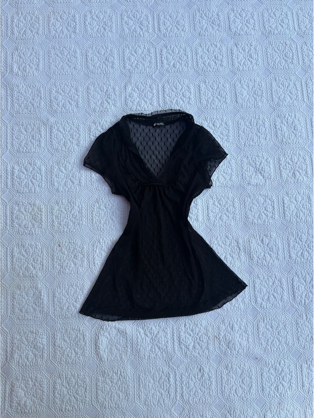 Vintage Lily white Black Sheer Mesh Short Sleeve Mini Dress with Ruffle Trim